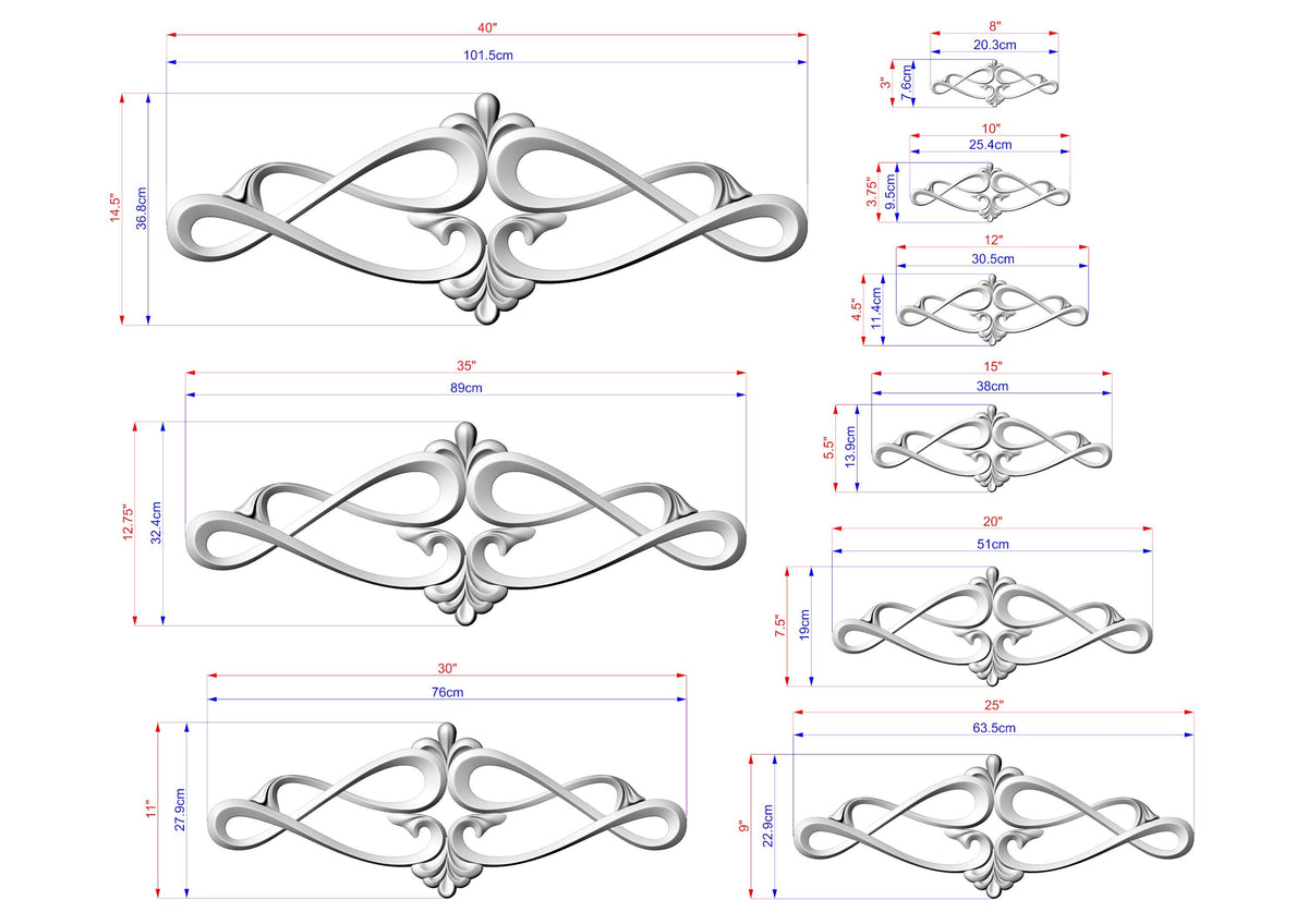 a collection of various sizes of decorative metal designs, including intricate patterns and swirls, as well as measurements and scale drawings.