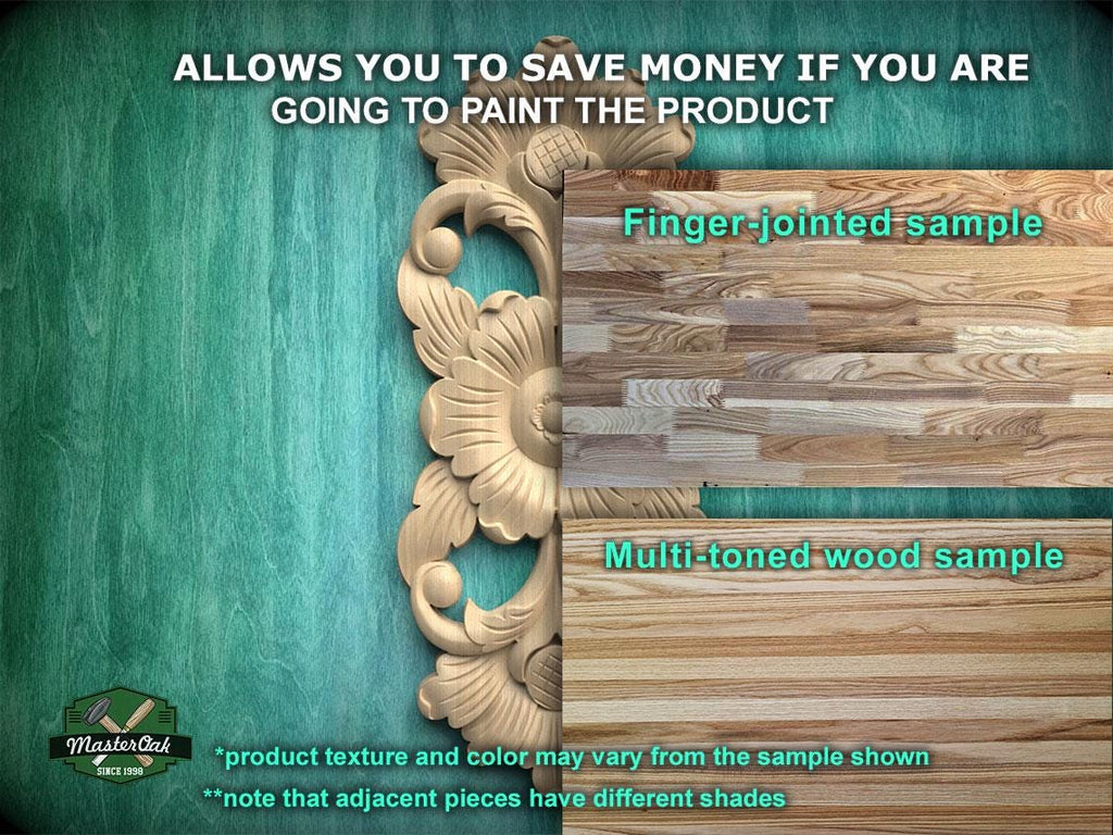 The image is a promotional image for a product, specifically a multi-toned wood sample. It features a close-up of a wooden piece with a carved design, and a finger-jointed sample of the same wood. The text on the image provides information about the product, including that it allows for savings if you are going to paint the product, and that the product texture and color may vary from the sample shown. The image also mentions that adjacent pieces have different shades.