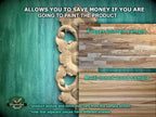 The image is a promotional image for a product, specifically a multi-toned wood sample. It features a close-up of a wooden piece with a carved design, and a finger-jointed sample of the same wood. The text on the image provides information about the product, including that it allows for savings if you are going to paint the product, and that the product texture and color may vary from the sample shown. The image also mentions that adjacent pieces have different shades.