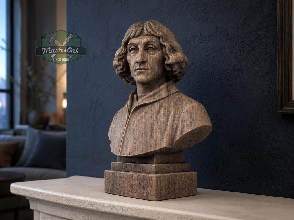 Nicolaus Copernicus Bust, Hand-Finished Wood Sculpture | Astronomy Decor