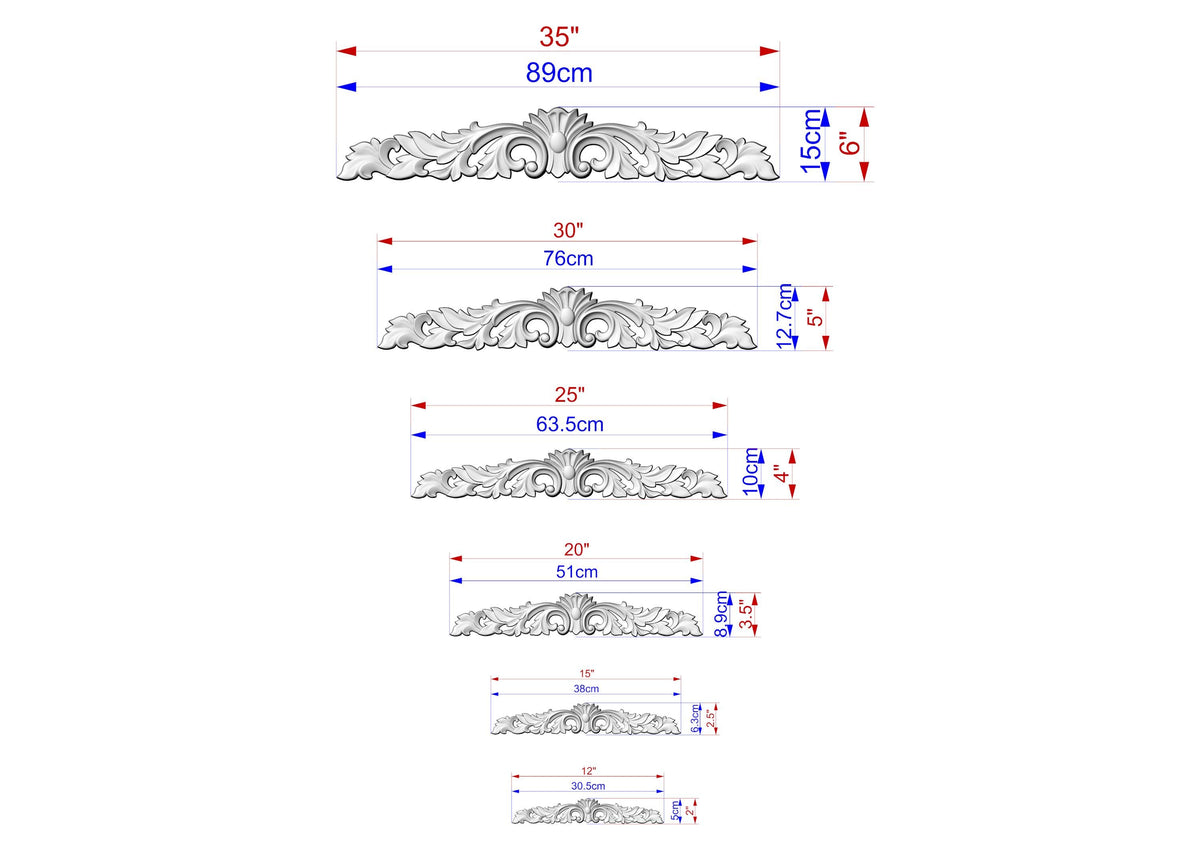 a series of ornate designs or carvings, each with its own size and scale indicated in centimeters. The designs vary in complexity and detail, ranging from simple to intricate. The image provides a visual representation of the different sizes of the carvings, allowing for a clear understanding of their dimensions.