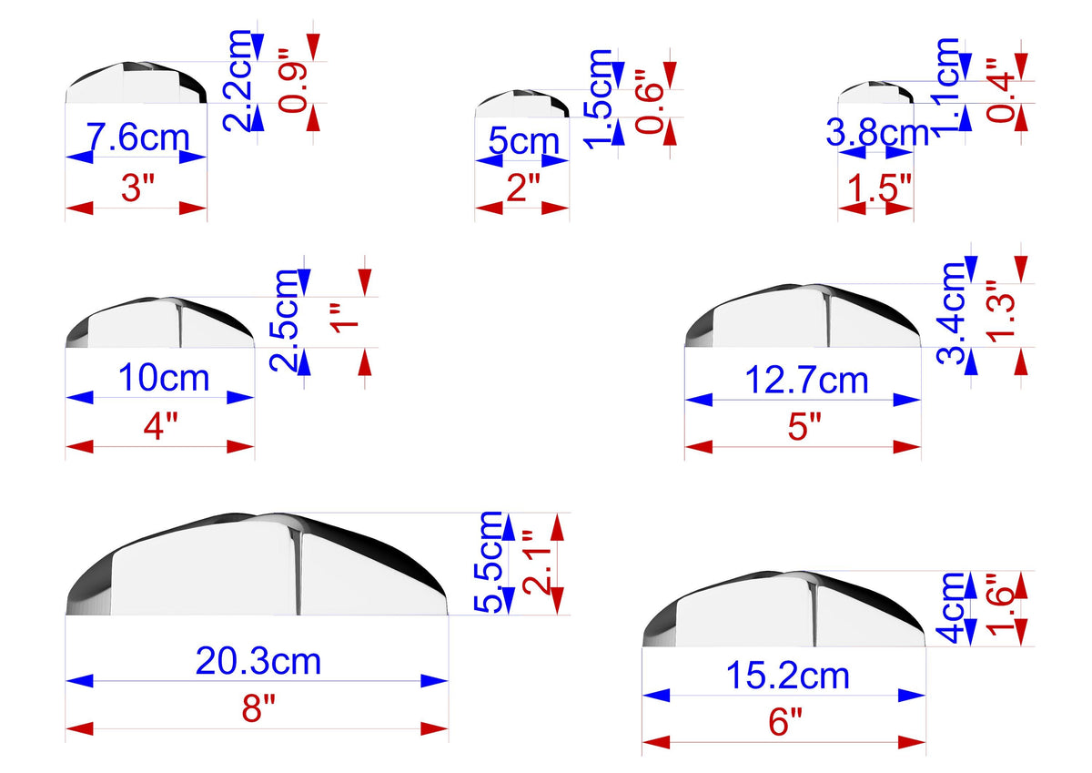 a series of seven different images, each with its own unique size and dimensions. The images vary in size, ranging from 7.6 cm to 3.8 cm. The largest image is 20.3 cm in size, while the smallest is 15.2 cm. The images are arranged in a grid-like pattern, with each image placed next to its corresponding size and dimension. The image does not contain any text or additional information beyond the sizes and dimensions provided.