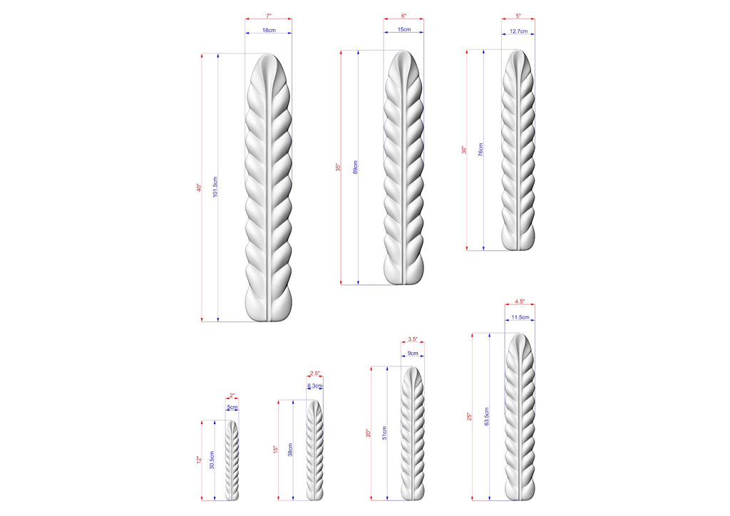 seven white, leaf-like sculptures with varying sizes, each accompanied by a set of measurements in centimeters.