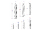 seven white, leaf-like sculptures with varying sizes, each accompanied by a set of measurements in centimeters.