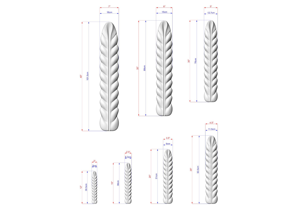 seven white, leaf-like sculptures with varying sizes, each accompanied by a set of measurements in centimeters.