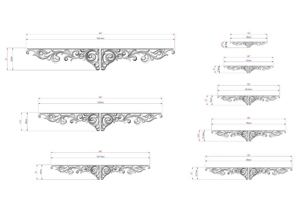 a collection of ornate, decorative metal designs or patterns, likely intended for use in shelving or other applications. The designs are shown in various sizes and orientations, providing a visual representation of the different styles and variations. The image does not contain any text, and the descriptions provided should be used cautiously to avoid redundancy and ensure clarity.