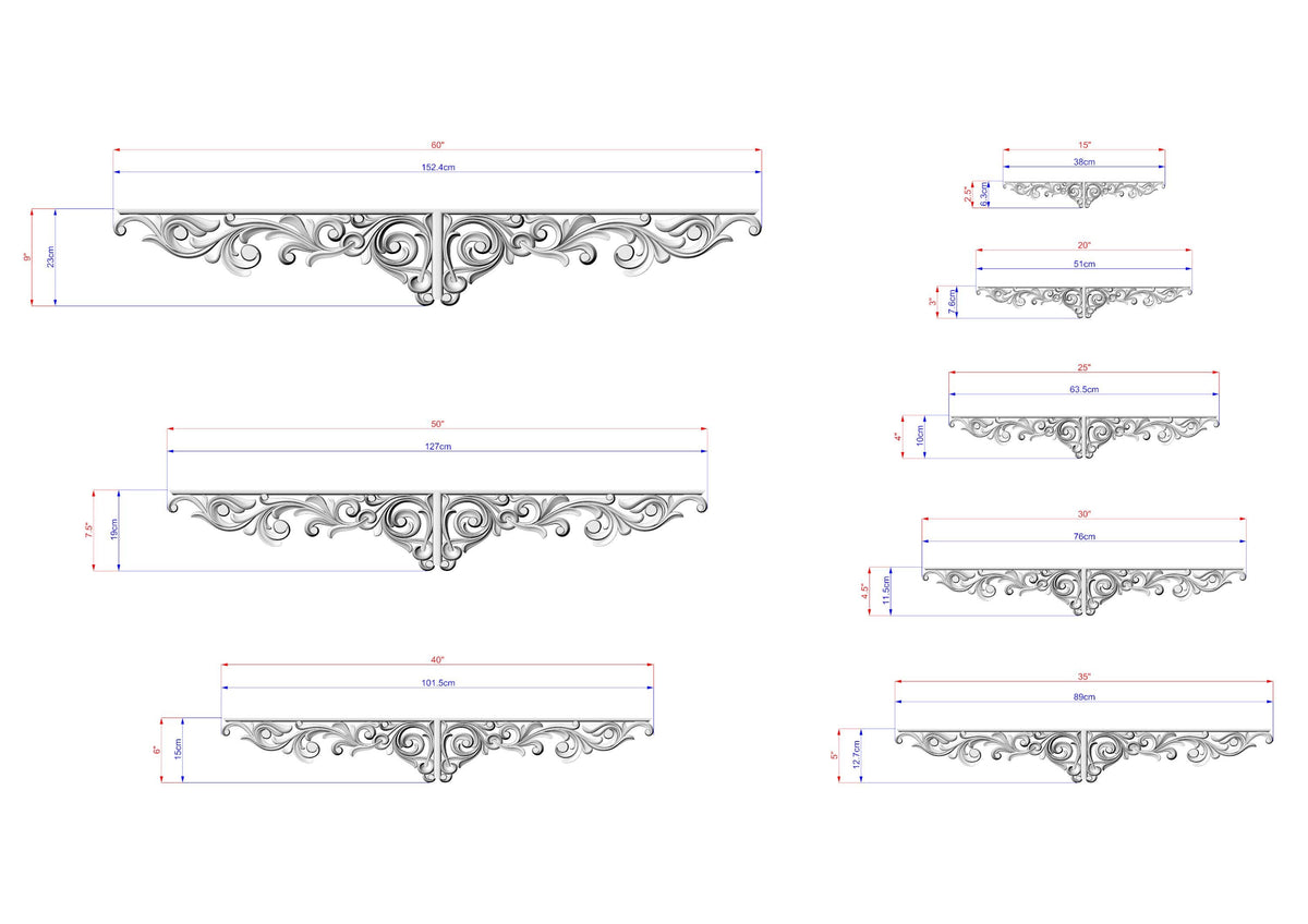 a collection of ornate, decorative metal designs or patterns, likely intended for use in shelving or other applications. The designs are shown in various sizes and orientations, providing a visual representation of the different styles and variations. The image does not contain any text, and the descriptions provided should be used cautiously to avoid redundancy and ensure clarity.