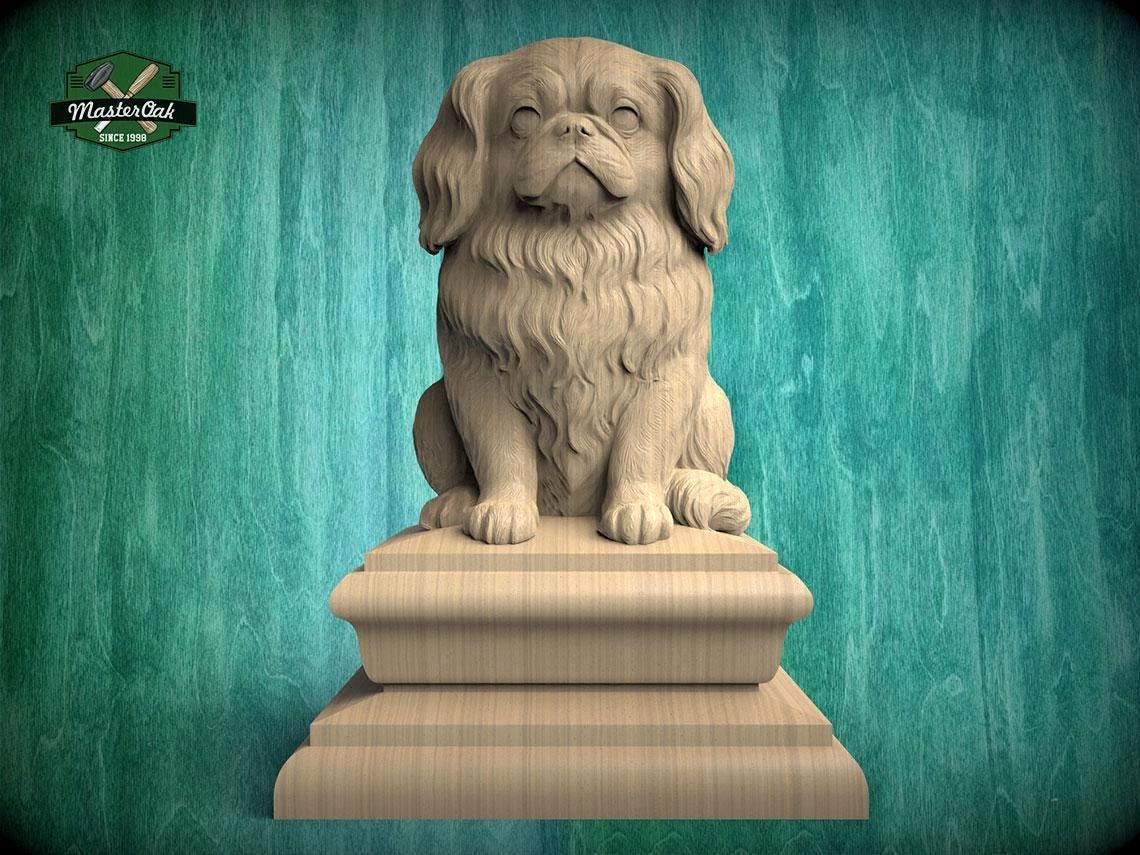Carved wooden Pekingese dog finial sitting on decorative base, designed as a post topper for fence, deck or stair posts.