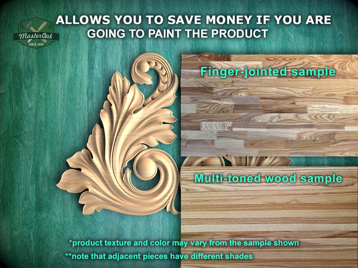 The image is a promotional advertisement for Master Oak, featuring a large ornate leaf design and a sample of multi-toned wood. The text encourages viewers to save money by painting the product, highlighting the differences between the product texture and color compared to the sample shown.