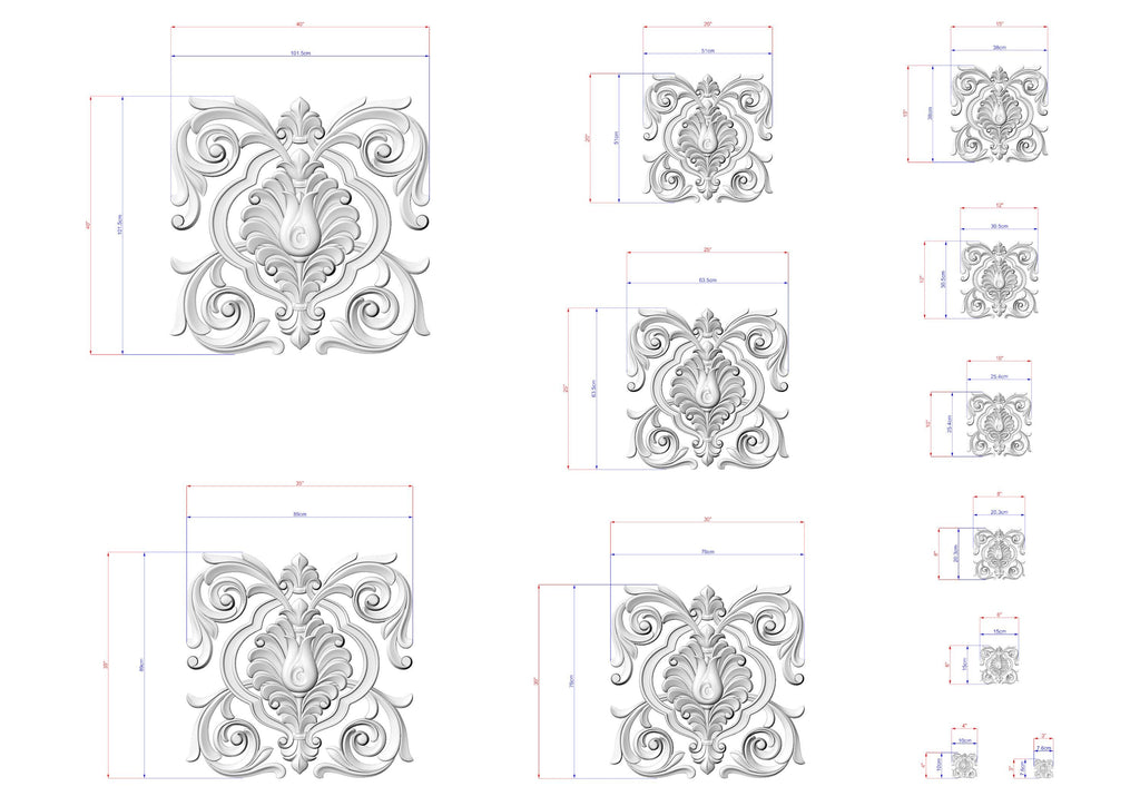 a collection of ornate, decorative designs with intricate scrollwork and floral elements. The designs are presented in various sizes, ranging from small to large, and are accompanied by detailed measurements in both inches and centimeters. The image is a collage of multiple images, showcasing the diverse range of designs and their respective dimensions.