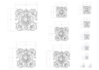 a collection of ornate, decorative designs with intricate scrollwork and floral elements. The designs are presented in various sizes, ranging from small to large, and are accompanied by detailed measurements in both inches and centimeters. The image is a collage of multiple images, showcasing the diverse range of designs and their respective dimensions.