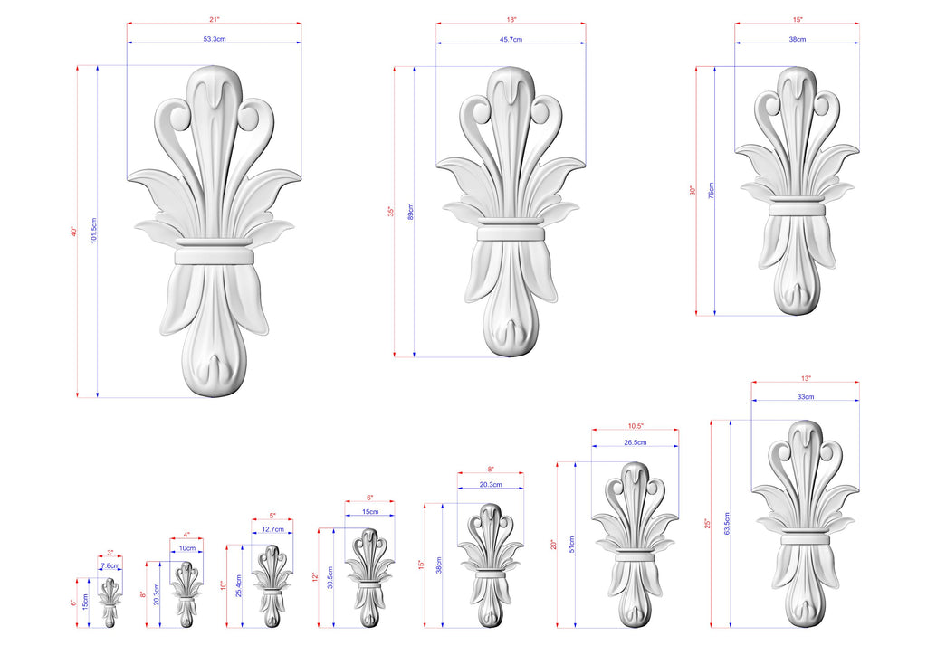 a collection of three white, decorative flower-like objects with detailed measurements and scale drawings.