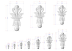 a collection of three white, decorative flower-like objects with detailed measurements and scale drawings.