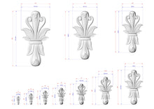 Load image into Gallery viewer, a collection of three white, decorative flower-like objects with detailed measurements and scale drawings.
