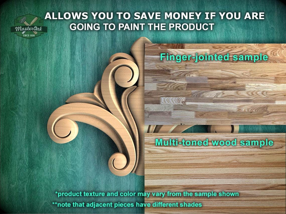 The image is a promotional advertisement for Master Oak, a company that sells wood products. It features a close-up of a wooden sample, highlighting the different textures and colors of the wood. The ad encourages viewers to save money by painting the product, offering a finger-joined sample and a multi-toned wood sample to choose from. The text emphasizes that the product texture and color may vary from the sample shown, and that adjacent pieces have different shades.