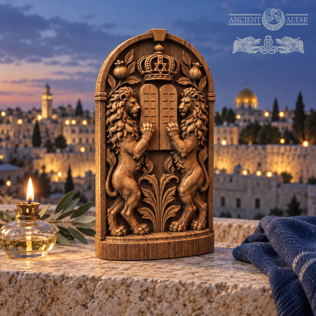 Lions and Tablets Judaica Sculpture, Solid Oak Ten Commandments Decor, Star of David and Crown, Jewish Housewarming Gift