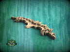 A wooden carving or sculpture is displayed against a green background.
