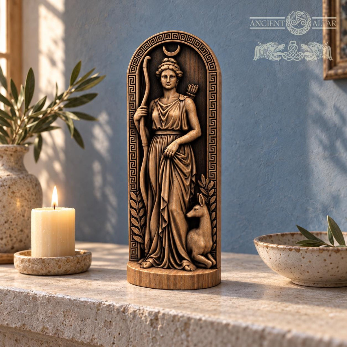 Artemis Wooden Statue with Deer, Greek Goddess of the Hunt Figurine, Moon Altar Decor, Ancient Mythology Sculpture, Pagan Gift