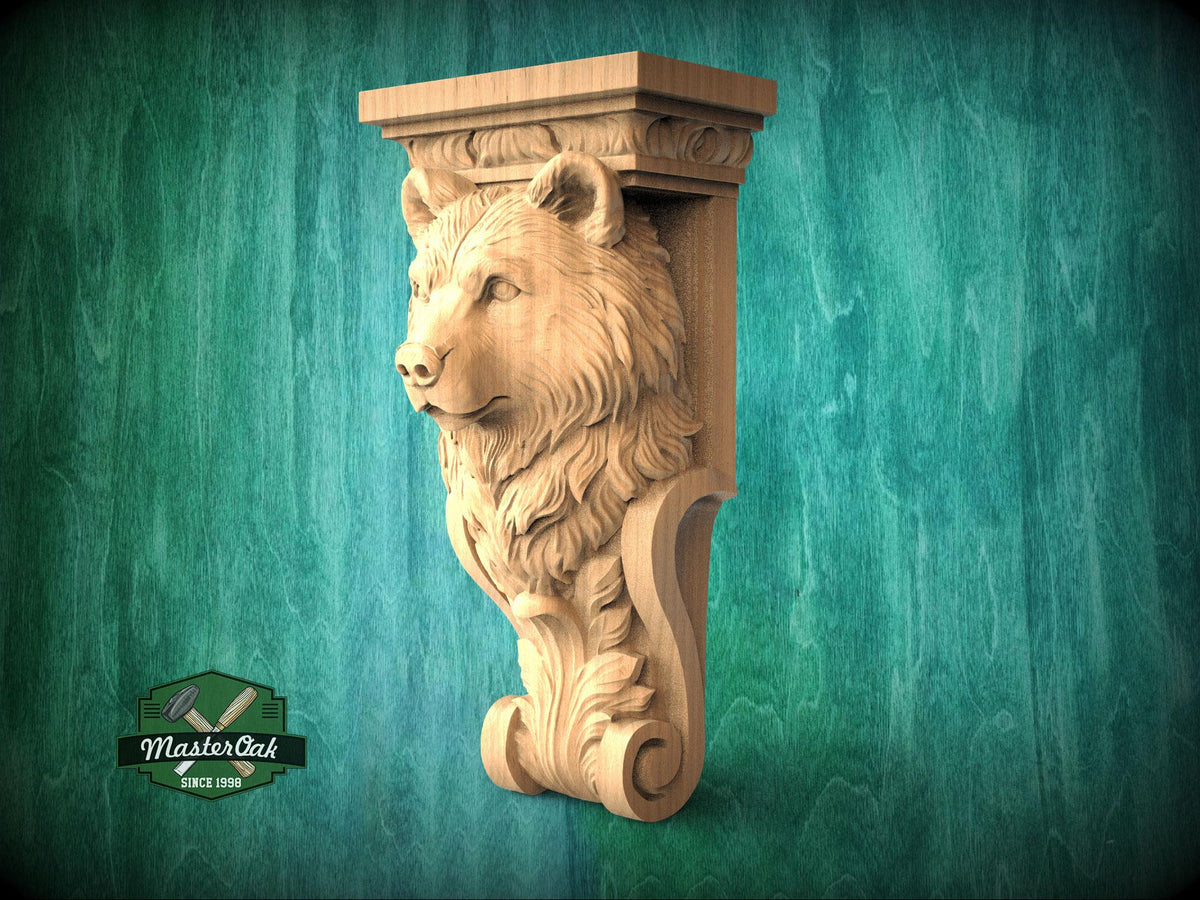 A carved wooden bear head is displayed against a green background, with a logo for Master Oak visible in the bottom left corner.