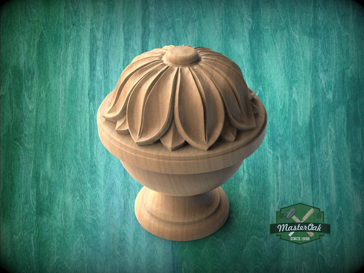 Wood Newel Finial, Decorative Post Cap with Carved Petal Crown