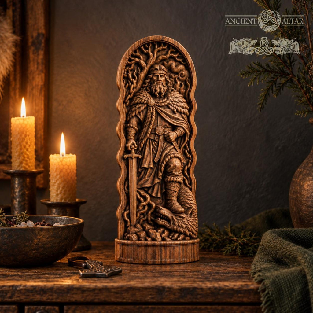 Carved Vidar Figure – Norse God of Vengeance, Viking Pagan Altar Decor, Wooden Mythology Statue