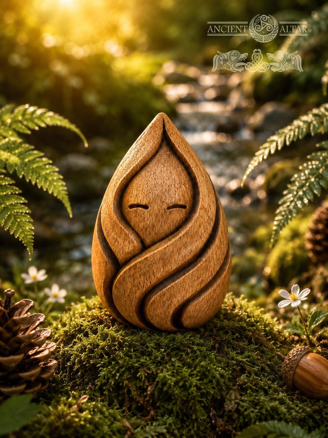 Forest Flame Spirit Figurine, Carved Oak Fire Guardian, Woodland Spirit Statue, Cozy Hearth Decor, Fantasy Nature Gift