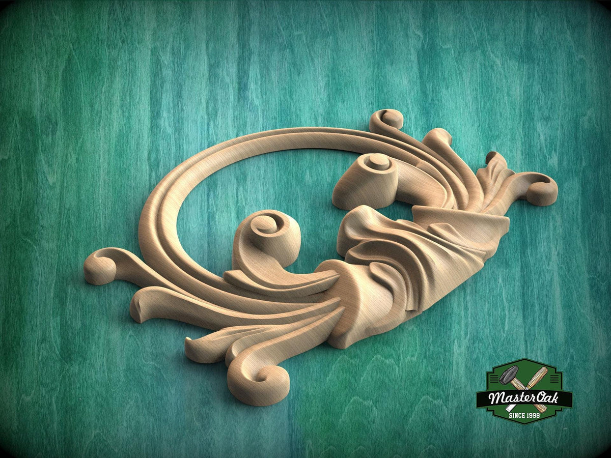 Rococo Natural Wood Onlay with Circular Motif - Central Scroll and Circle Decor, 1 pc, Unpainted, Home Wall Embellishments, wooden trims