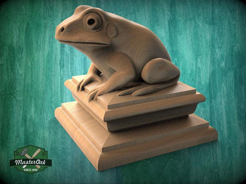 A wooden frog statue sitting on a wooden pedestal against a green background.