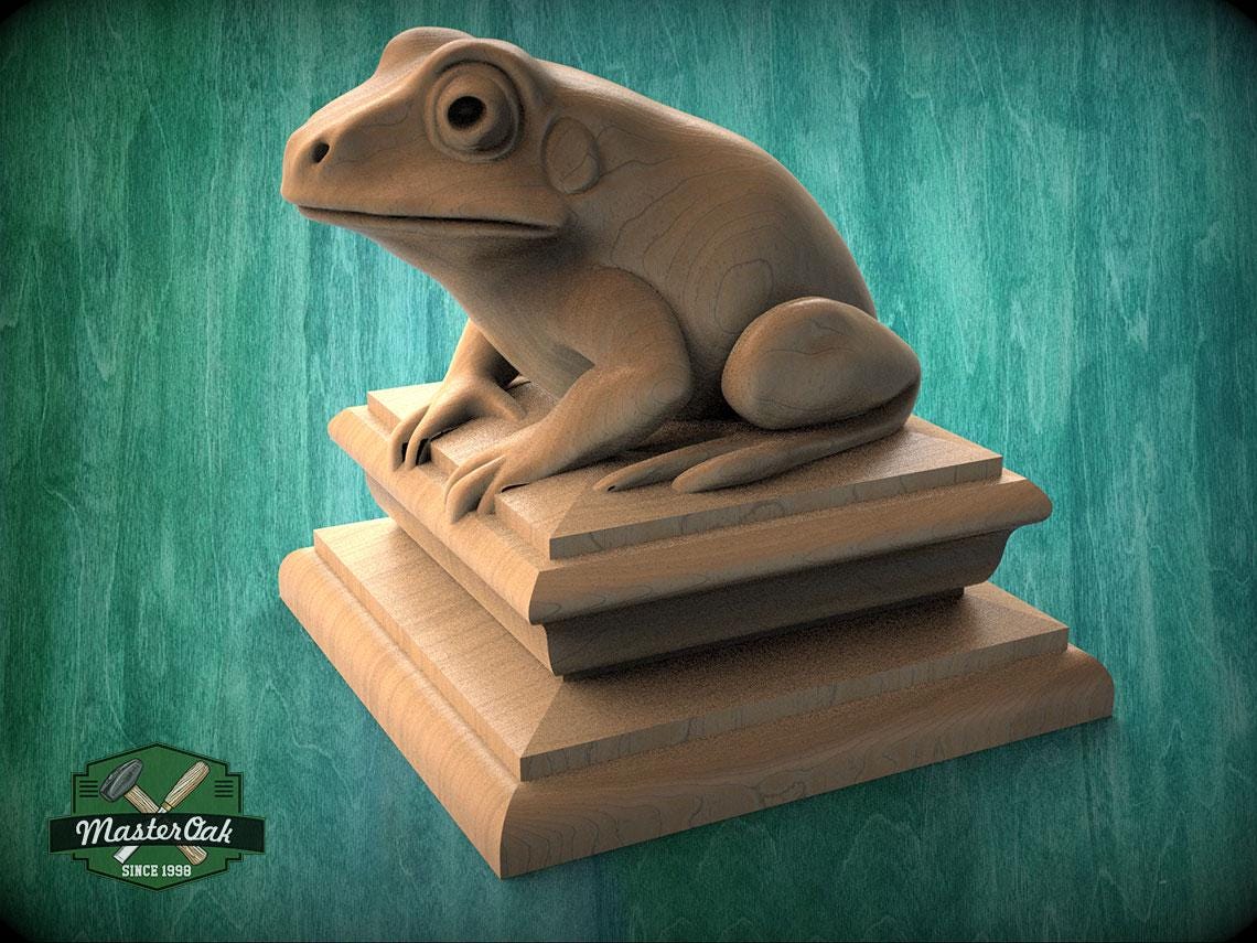 A wooden frog statue sitting on a wooden pedestal against a green background.