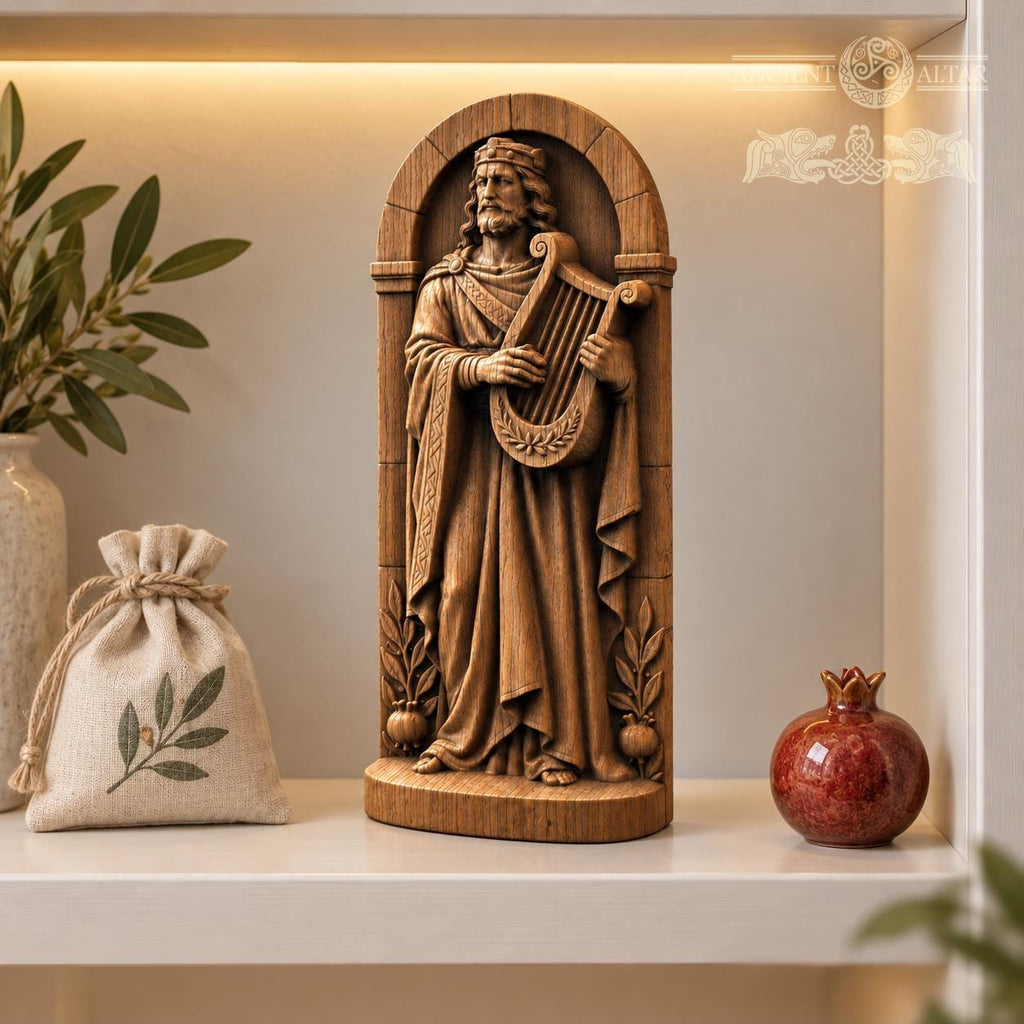 King David with Harp, Oak Wood Statue in Arched Frame, Biblical King Sculpture, Judaica Decor, Gift for Music Lovers
