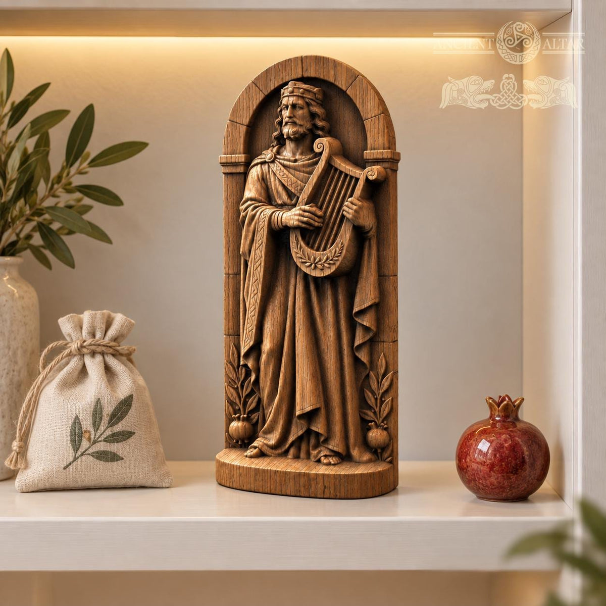 King David with Harp, Oak Wood Statue in Arched Frame, Biblical King Sculpture, Judaica Decor, Gift for Music Lovers