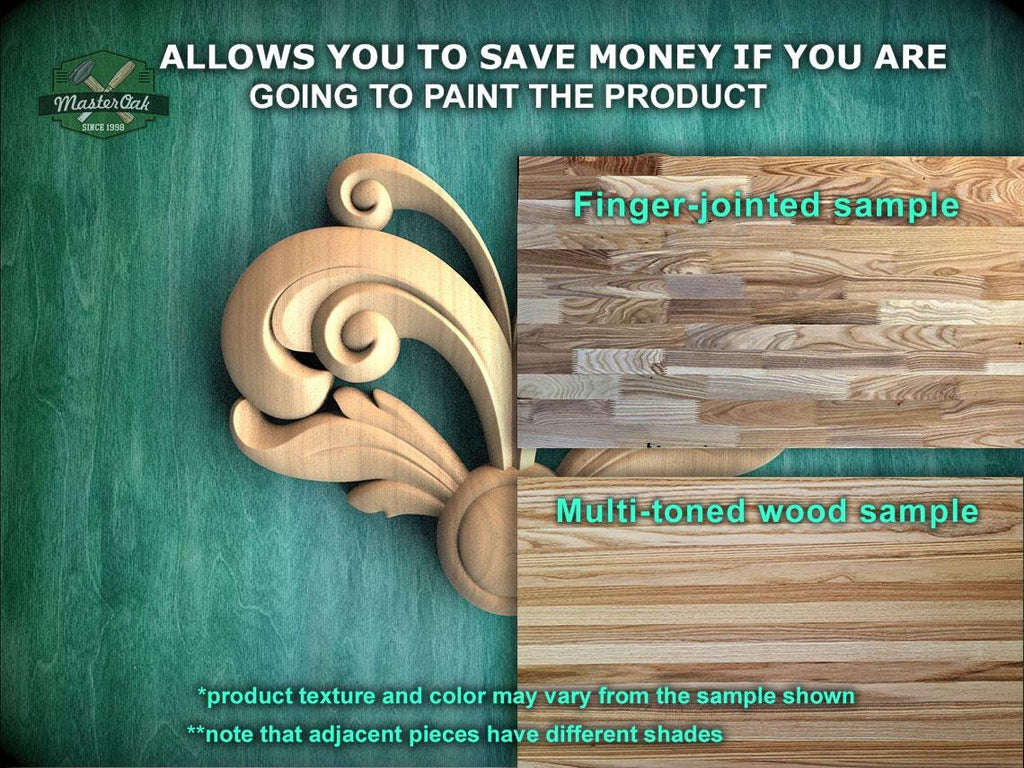 The image is a promotional advertisement for Master Oak, a company that specializes in painting wooden products. It features a close-up of a wooden sample with a decorative scroll design, along with a sample of multi-toned wood and a sample of finger-joined wood. The advertisement highlights the benefits of painting the product, such as saving money and showcasing the product's texture and color variations.