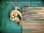 The image is a promotional advertisement for Master Oak, a company that specializes in painting wooden products. It features a close-up of a wooden sample with a decorative scroll design, along with a sample of multi-toned wood and a sample of finger-joined wood. The advertisement highlights the benefits of painting the product, such as saving money and showcasing the product's texture and color variations.
