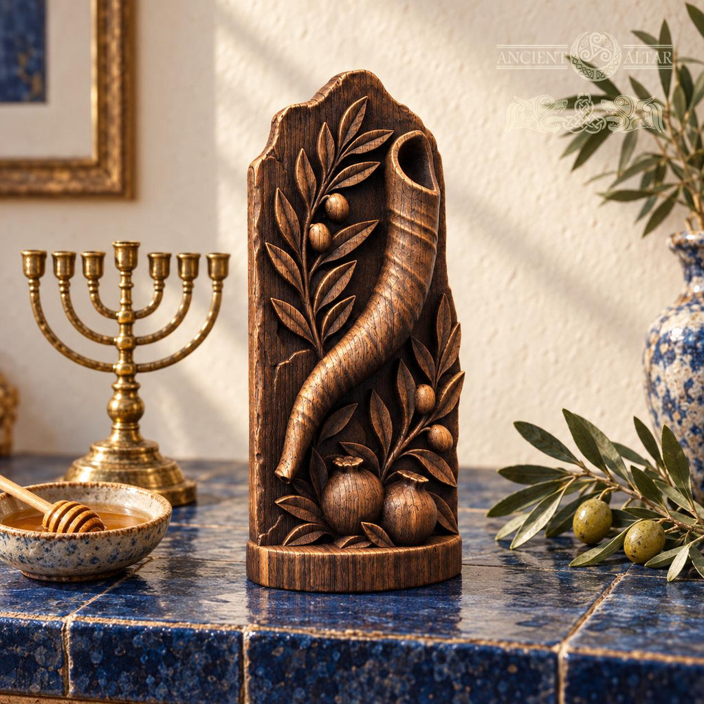 Shofar Oak Wood Relief with Pomegranates and Olive Branches, Judaica Sculpture, Rosh Hashanah Decor, Jewish Housewarming Gift