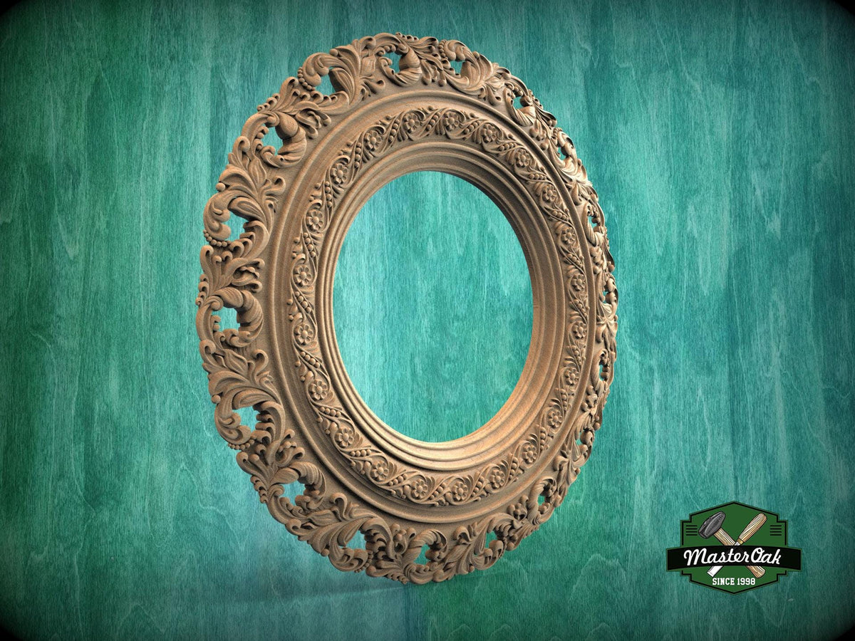 Elegant Circular Wood Mirror Frame with Detailed Foliate Carvings - Classic Home Decor, 1 pc, Unpainted,  Carved Mirror Frame