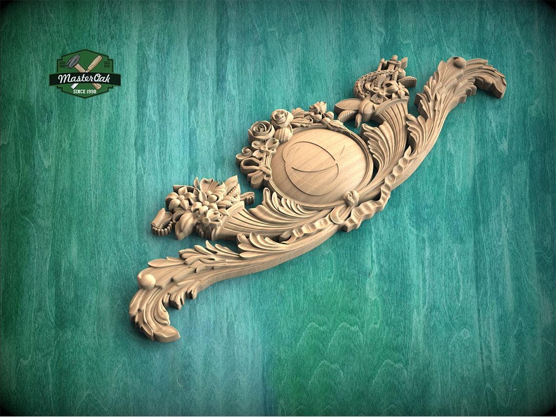 Personalized Romantic Floral Carved Wood Onlay with Central Medallion, Elegance Wood Applique, Furniture Carving, Wood Onlay, 1pc, Unpainted