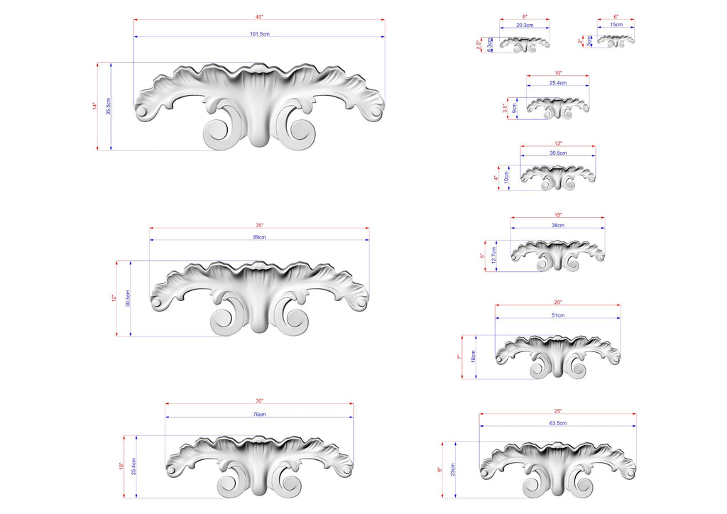 a series of images depicting various sizes of ornate, decorative elements, such as a flower or a scroll, with corresponding measurements provided in centimeters.