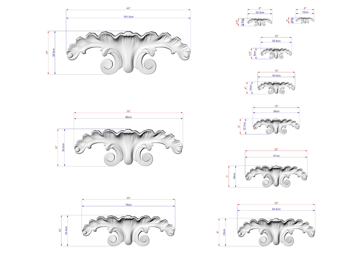 a series of images depicting various sizes of ornate, decorative elements, such as a flower or a scroll, with corresponding measurements provided in centimeters.