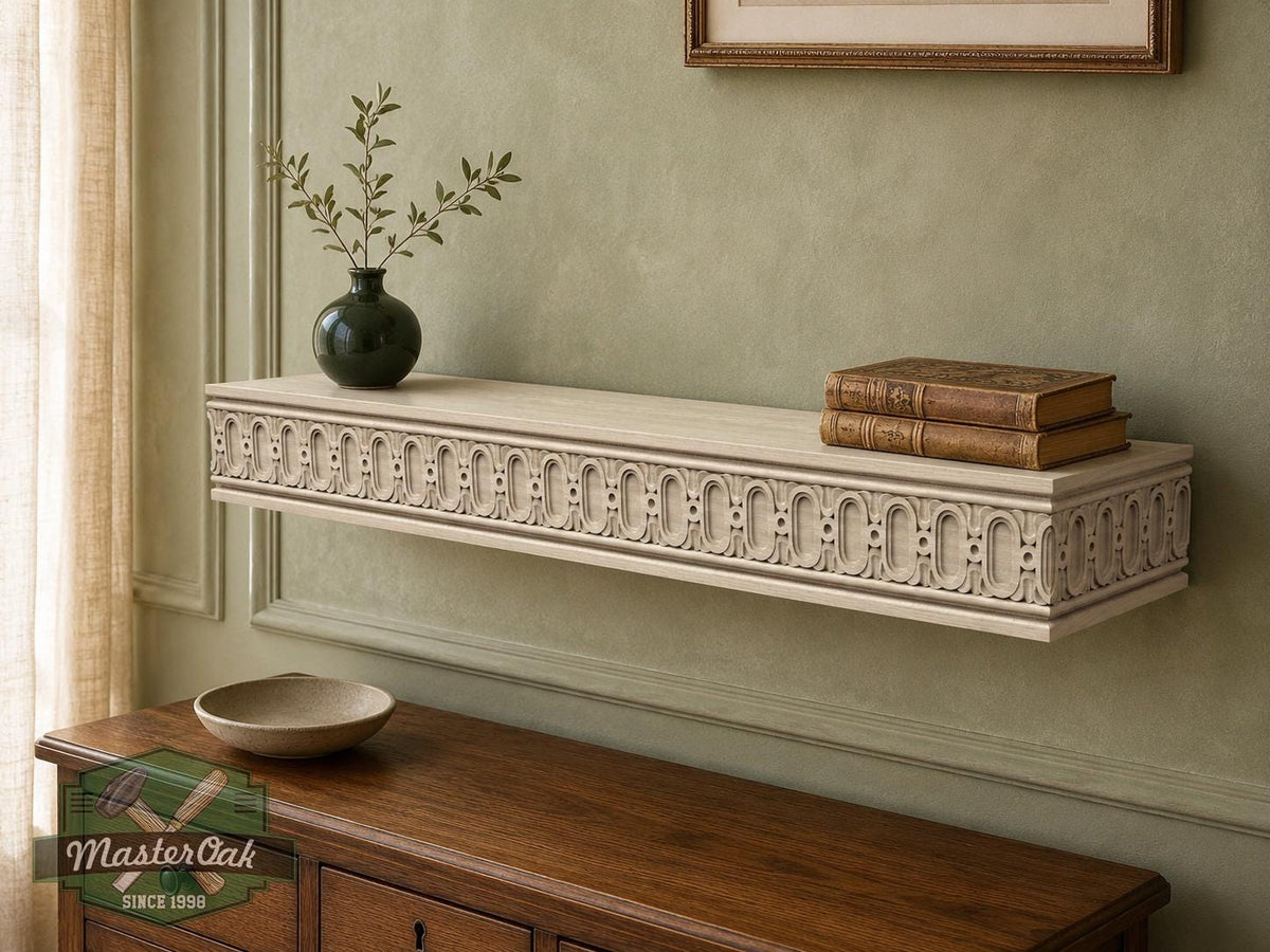 Carved Solid Oak Wall Shelf with Arched Pattern, Ornate Floating Shelf, Decorative Wood Display Shelf, Classical Home Decor