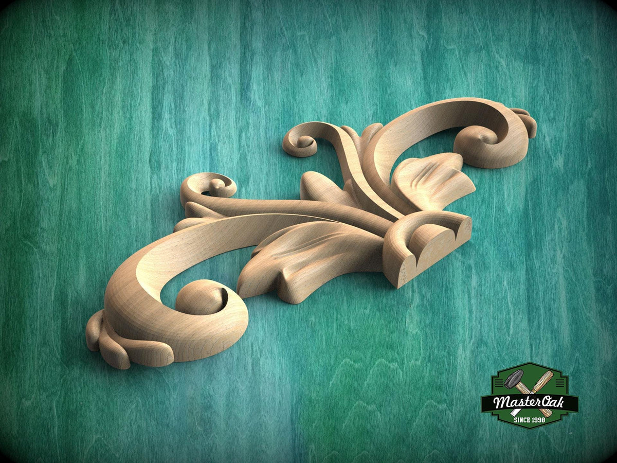 Classic Natural Wood Onlay with Scrollwork- Perfect for Furniture and Home Decor, 1 pc, Unpainted, decorative wood trim, Carved Applique