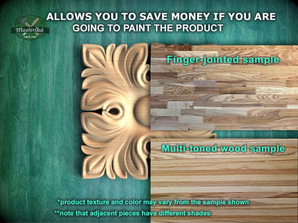 The image is a promotional image for Master Oak, a company that specializes in painting products. It features a close-up of a wooden panel with a decorative design, along with a sample of the product and a multi-toned wood sample. The text on the image provides information about the product, including that it allows for savings if the product is painted, and that the product texture and color may vary from the sample shown. The image also mentions that adjacent pieces have different shades.
