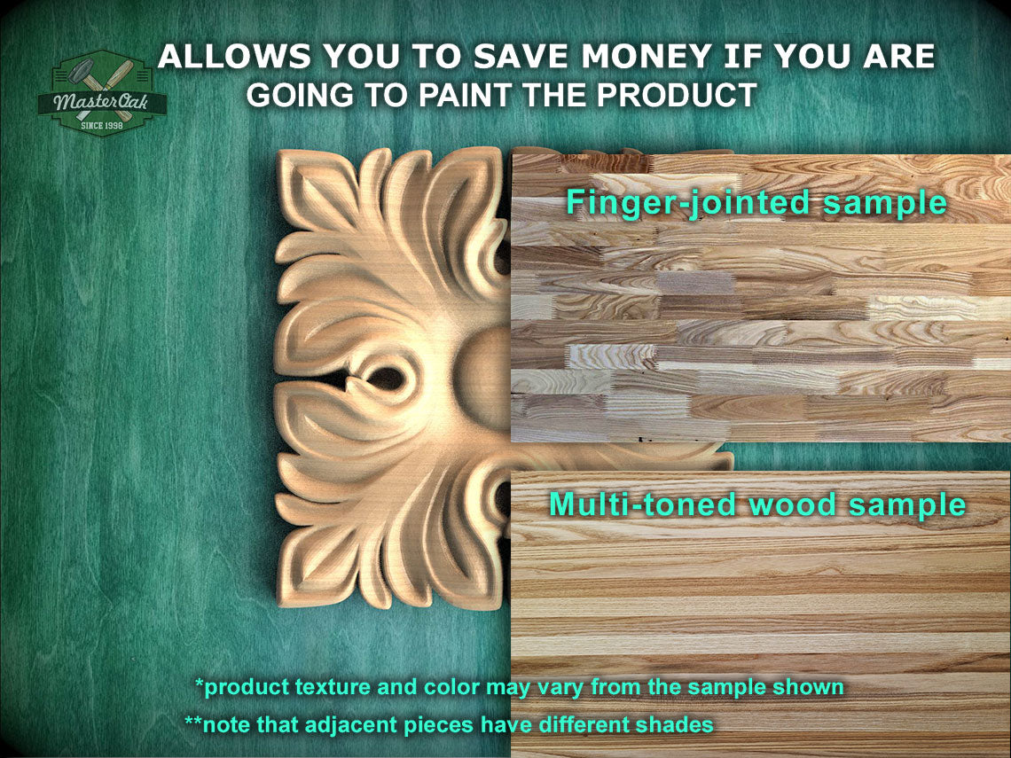The image is a promotional image for Master Oak, a company that specializes in painting products. It features a close-up of a wooden panel with a decorative design, along with a sample of the product and a multi-toned wood sample. The text on the image provides information about the product, including that it allows for savings if the product is painted, and that the product texture and color may vary from the sample shown. The image also mentions that adjacent pieces have different shades.
