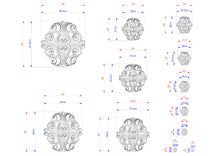 Load image into Gallery viewer, various sizes of ornate, decorative designs or patterns, each accompanied by its own set of measurements and scale drawings. The designs are intricate and visually appealing, showcasing the craftsmanship and attention to detail.
