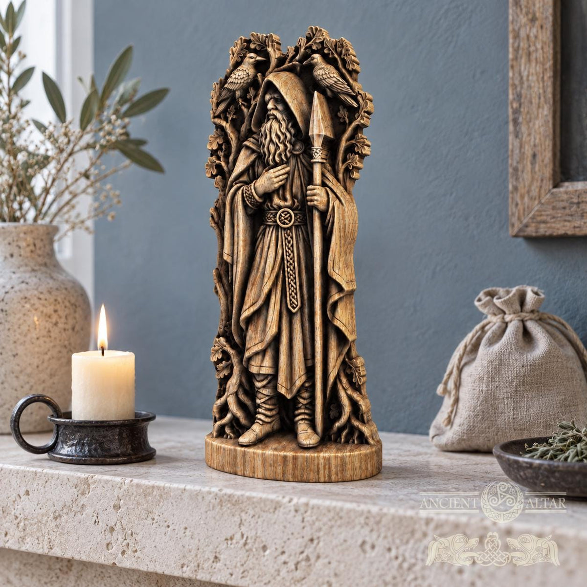 Hooded Odin Wooden Statue with Ravens, Norse Wanderer Figurine, Wotan Viking Sculpture, Pagan Altar Decor, Gungnir Gift