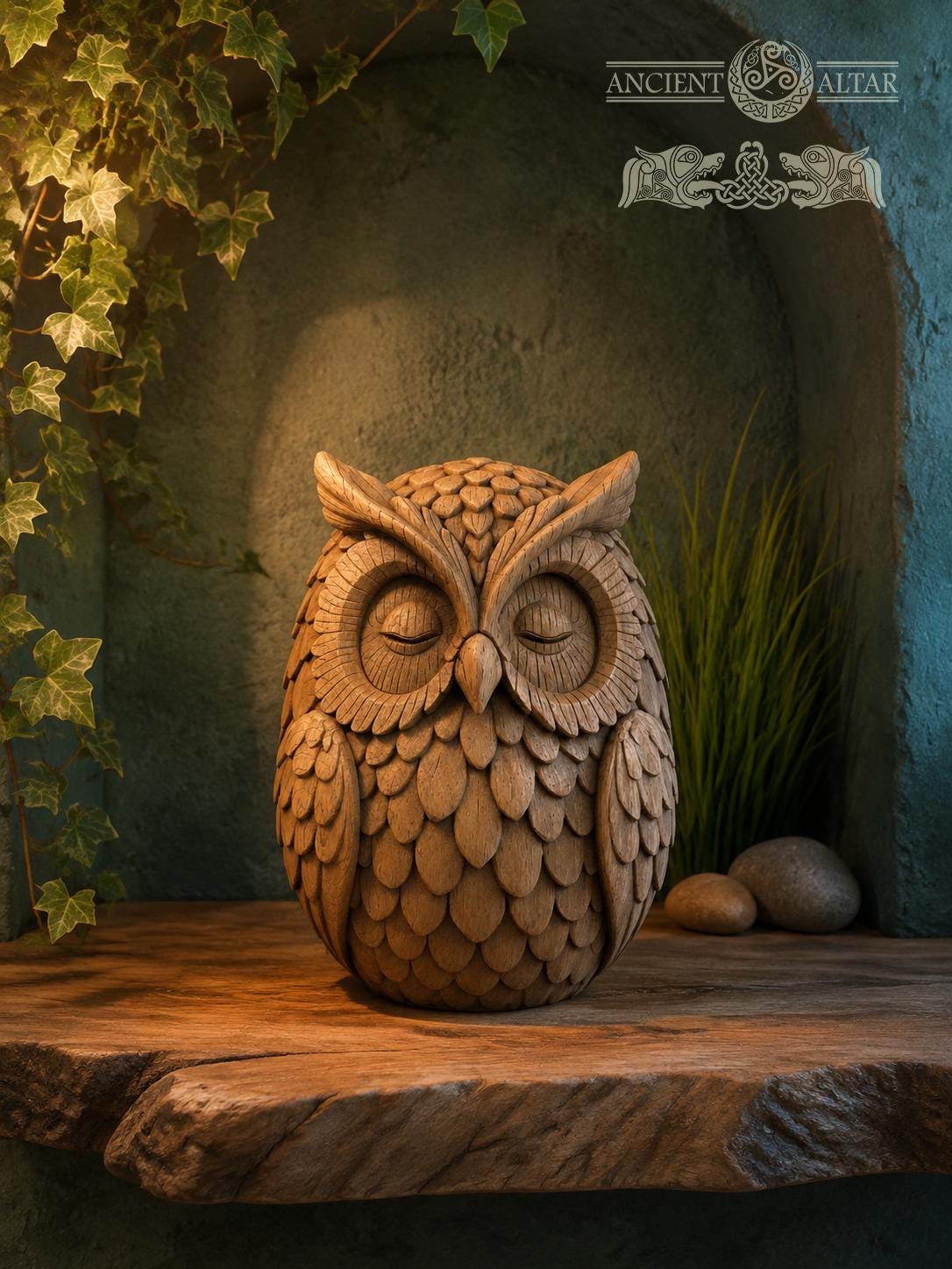 Wooden Owl Figurine, Oak Forest Guardian, Sleeping Owl Statue, Woodland Decor, Meditation Gift, Cozy Shelf Decor