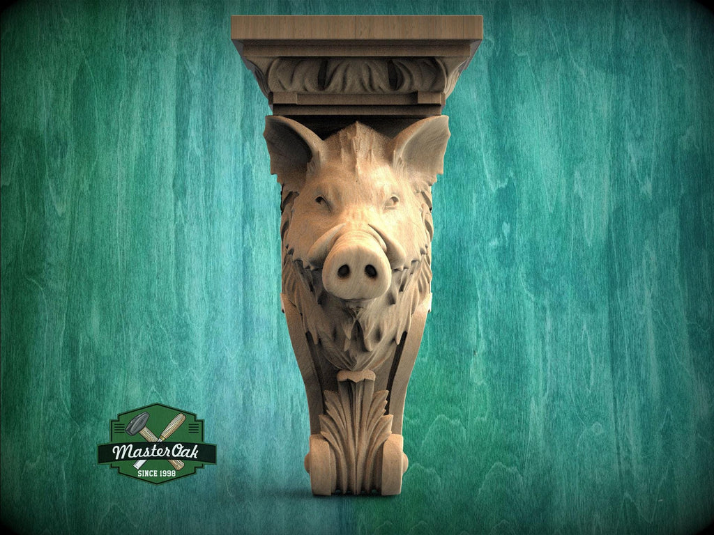 Boar Head Wood Corbel – Carved Rustic Wall Bracket for Shelves and Decor