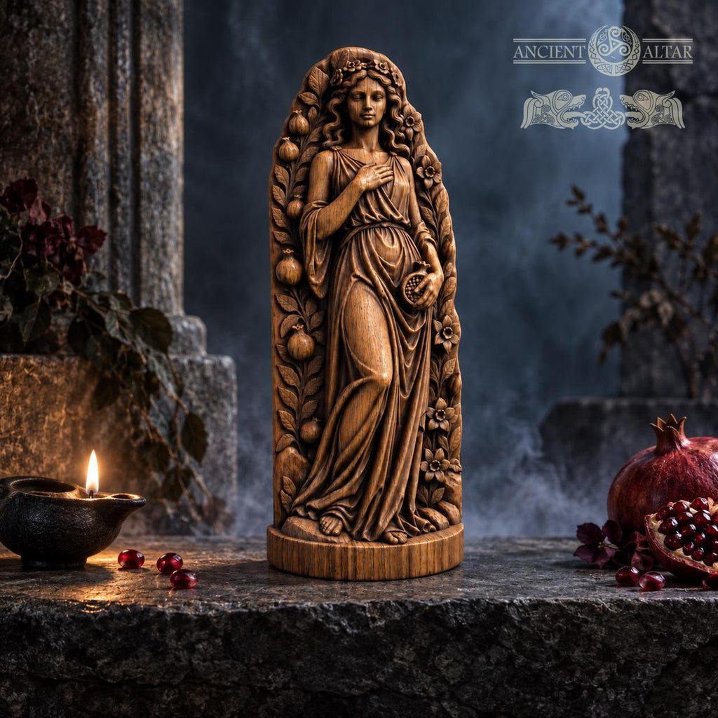 Persephone Goddess Statue, Wooden Queen of the Underworld Figurine, Pomegranate Altar Decor, Greek Mythology Gift