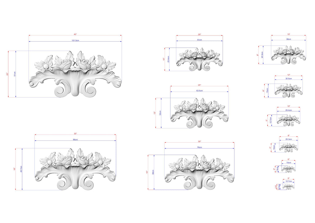 a collection of nine different views or perspectives of a decorative floral design, each with its own size and scale. The images are arranged in a grid format, with each image being a separate element within the larger composition. The images are labeled with their respective sizes, providing a clear visual representation of the varying dimensions of the floral design.