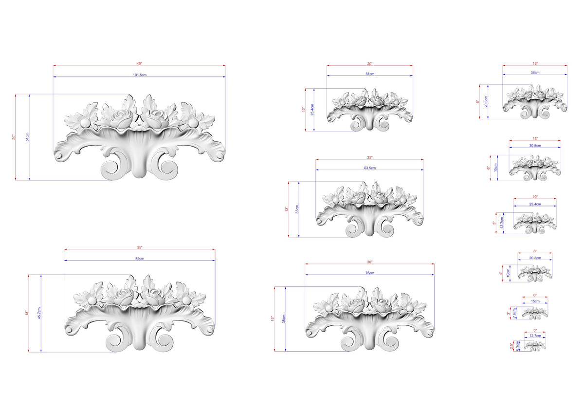 a collection of nine different views or perspectives of a decorative floral design, each with its own size and scale. The images are arranged in a grid format, with each image being a separate element within the larger composition. The images are labeled with their respective sizes, providing a clear visual representation of the varying dimensions of the floral design.
