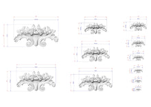 Load image into Gallery viewer, a collection of nine different views or perspectives of a decorative floral design, each with its own size and scale. The images are arranged in a grid format, with each image being a separate element within the larger composition. The images are labeled with their respective sizes, providing a clear visual representation of the varying dimensions of the floral design.
